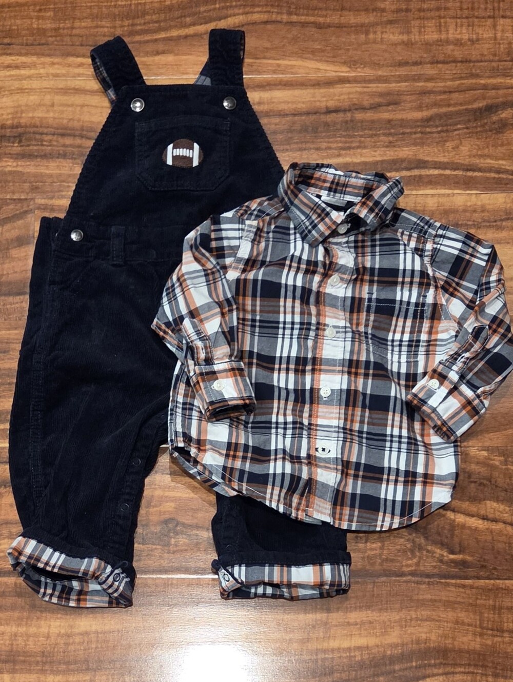 Gymboree EUC 12-18 Months Navy Corduroy Football Overalls & Plaid Shirt